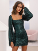 Robe moulante à paillettes en vert bouffant à manches longues et col carré pour fête danniversaire mini robe pour femme 2025