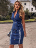 Robe Moulante 2021 Denim Bleu Col à Revers Boutons Affligé Sans Manches Robe Crayon