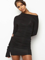 Robe Moulante Blanche Plissée Asymétrique Sexy À Manches Longues Femme