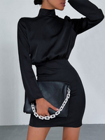 Robe Moulante Courte Amples à Col Montant avec Manches Longues Coupe Cintrée Unicolore Robe Sexy