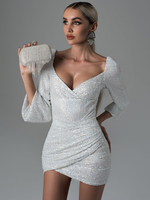 Robe Moulante Courte Argent Manches Longues Sexy Col En V Décolletée Robe Fourreau