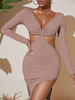 Robe Moulante Courte avec Manches Longues à Col Décolleté en V Coupe Cintrée Creusante avec Fente Unicolore Robe Sexy