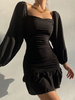 Robe Moulante Courte avec Manches Longues Amples à Col Décolleté Coupe Cintrée Unicolore Robe Sexy