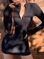 Robe Moulante Courte Elastique à Col Montant à Zip avec Manches Longues Coupe Cintrée Unicolore Robe Sexy