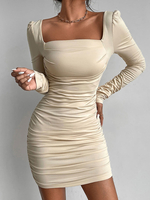 Robe Moulante Courte en Plis Femme à Col Carré avec Manches Longues Coupe Cintrée Unicolore Robe Sexy