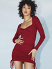 Robe Moulante Courte en Plis Femme avec Manches Longues à Col Carré Coupe Cintrée à Lacets Unicolore Robe Sexy Robe Eté