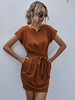 Robe Moulante Courte Femme à Col V avec Manches Courtes Coupe Cintrée à Lacets avec Poches Unicolore Robe Eté Sexy