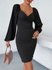 Robe Moulante Courte Femme à Col V avec Manches Longues Amples Coupe Cintrée Unicolore