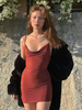 Robe Moulante Courte Femme avec Bretelles à Col Décolleté en V avec Dos Nu Coupe Cintrée Unicolore Robe Sexy