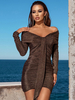 Robe Moulante Courte Femme avec Manches Longues à Col Décolleté à Lacets Coupe Cintrée Unicolore Robe Femme