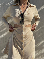 Robe Moulante Courte Femme avec Manches Longues à Col Revers avec Boutons Unicolore Robe Eté Robe Sexy