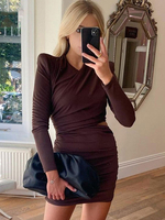 Robe Moulante Courte Femme avec Manches Longues à Col V Coupe Cintrée Unicolore