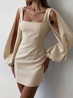 Robe Moulante Courte Femme avec Manches Longues Amples Coupe Cintrée Unicolore Robe Sexy