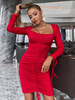 Robe Moulante Courte Femme en Plis à Col Décolleté Carré avec Manches Longues à Lacets Coupe Cintrée Unicolore Robe Sexy