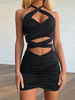 Robe Moulante Courte Femme en Plis avec Bretelles à Col Décolleté Coupe Cintrée à Lacets Croisés Unicolore Robe Sexy Robe Eté