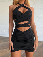 Robe Moulante Courte Femme en Plis avec Bretelles à Col Décolleté Coupe Cintrée à Lacets Croisés Unicolore Robe Sexy Robe Eté