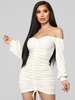 Robe Moulante Courte Femme en Plis avec Epaule Dénudée avec Manches Longues Amples Coupe Cintrée à Lacets Unicolore