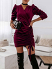 Robe Moulante Courte Femme en Velours à Col V avec Manches Longues Amples Coupe Cintrée à Lacets Unicolore