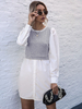 Robe Moulante Courte Femme Eté Sexy à Col Rond avec Manches Longues Bicolores Robe Eté Robe Chemisier
