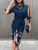 Robe Moulante Courte Femme Imprimé avec Manches Courtes à Col Rond Coupe Cintrée Bicolores