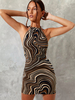 Robe Moulante Courte Femme Imprimé Rayures avec Bretelles à Col Rond avec Epaule Dénudée Coupe Cintrée Bicolores Robe Eté Sexy