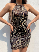 Robe Moulante Courte Femme Imprimé Rayures avec Bretelles à Col Rond avec Epaule Dénudée Coupe Cintrée Bicolores Robe Eté Sexy