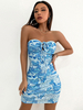 Robe Moulante Courte Imprimé avec Epaule Dénudée à Col Décolleté à Lacets Coupe Cintrée Bicolores Robe Sexy