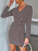 Robe Moulante Courte Imprimé Carreaux à Col V avec Manches Longues Coupe Cintrée Bicolores Robe Sexy