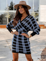 Robe Moulante Courte Imprimé Carreaux Femme Coupe Cintrée à Col V avec Manches Longues Bicolores Robe Femme