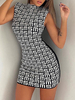 Robe Moulante Courte Imprimé Femme à Col Montant sans Manches Coupe Cintrée Bicolores Robe Sexy