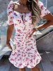 Robe Moulante Courte Imprimé Fleurie Femme à Col Décolleté en V à Lacets avec Manches Courtes Coupe Cintrée en Plis Bicolores Robe Eté
