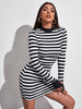 Robe Moulante Courte Imprimé Rayures à Col Rond avec Manches Longues Coupe Cintrée Bicolores Robe Sexy