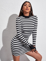 Robe Moulante Courte Imprimé Rayures à Col Rond avec Manches Longues Coupe Cintrée Bicolores Robe Sexy