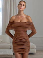 Robe Moulante Courte Noire Col Bateau Plissée Extensible Chic Manches Longues