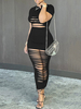 Robe Moulante Creusante Femme Longue Moulante à Col Rond avec Manches Courtes Coupe Cintrée Unicolore Robe Longue Sexy Robe de Club