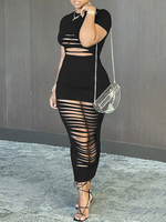 Robe Moulante Creusante Femme Longue Moulante à Col Rond avec Manches Courtes Coupe Cintrée Unicolore Robe Longue Sexy Robe de Club