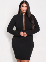 Robe moulante de grande taille noire à col licou manches longues découpes longueur genou