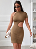 Robe Moulante Elastique Courte Femme avec Manches Courtes à Col Montant Coupe Cintrée Unicolore Robe Sexy