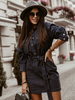 Robe Moulante en Denim Courte Femmes avec Manches Mi-Longues Coupe Cintrée à Lacets Fermeture avec Boutons Unicolore