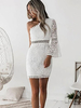Robe Moulante en Dentelle Creusante Florales avec Manche Longue Epaule Dénudée Coupe Cintrée Robe Blanche Unicolore