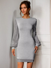 Robe moulante en gris à col bijou et paillettes à manches longues mini robe décontractée pour femme printemps 2025