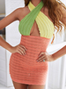 Robe Moulante en Maille Femme Courte avec Bretelles avec Epaule Dénudée Coupe Cintrée Tricolores Robe Eté Robe Sexy
