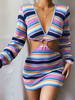 Robe Moulante en Maille Imprimé Rayures Femme avec Manches Longues à Col Décolleté en V Coupe Cintrée Robe Sexy