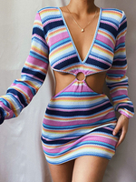Robe Moulante en Maille Imprimé Rayures Femme avec Manches Longues à Col Décolleté en V Coupe Cintrée Robe Sexy