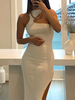 Robe Moulante en Maille Mi-longues Femme Sexy avec Bretelle avec Epaule Dénudée Coupe Cintrée avec Fente Unicolore Robe Eté Sexy