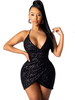 Robe Moulante en Paillette Femme Courte Courte avec Bretelles à Col Décolleté en V Coupe Cintrée Unicolore Robe Sexy