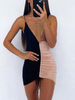 Robe Moulante en Plis Elastique Femme Sexy Eté avec Bretelles à Col Décolleté en V à Lacets Bicolores Robe Eté Sexy