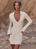 Robe Moulante en Plis Femme à Col Revers avec Manches Longues Coupe Cintrée Unicolore Robe Eté Robe de Plage