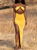 Robe Moulante en Plis Longue Femme avec Bretelles Ouvert Devant Coupe Cintrée avec Fente Unicolore Robe Eté Robe Sexy