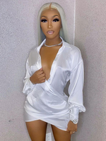 Robe Moulante en Satin Courte à Col Revers avec Manches Longues Amples Coupe Cintrée Unicolore Robe Eté Robe Sexy